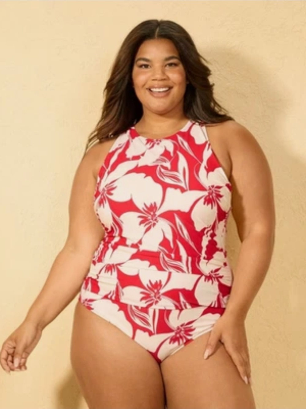 Shade & Shore Women's High Neck One Piece Swimsuit -Red Floral